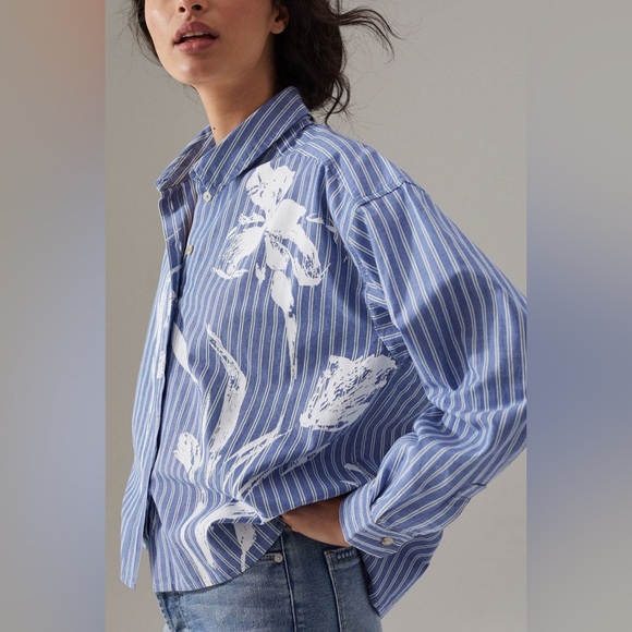 Anthropologie maeve striped relaxed fit painted blue and white swing top - Picture 9 of 11